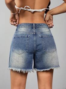 SHEIN ICON 女士休闲磨边破口袋牛仔短裤 - 中等水洗藍 - 查看 2