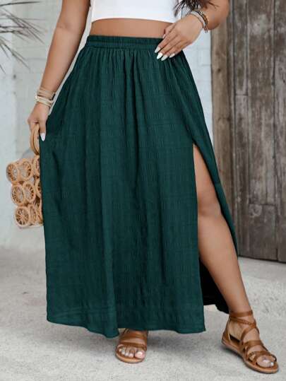 SHEIN VCAY Plus Size Women Plain Side Slit Elastic Waist Casual Green Skirt
