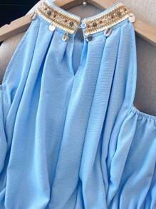 SHEIN LUNE Women's Elegant Shell Decor Tie-Shoulder A-Line Blouse, Vacation Style - Blue - View 3