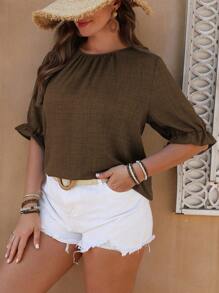 EMERY ROSE Plus Size Women Crew Neck Tie Sleeve Decorative Button Design Shirt - Coffee Brown - View 6