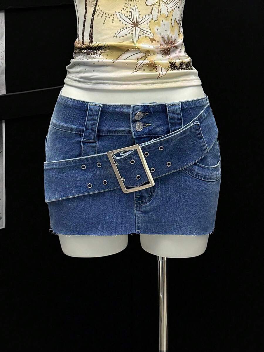 EgrlEra 金属太阳扣腰带紧身弹力牛仔迷你裙 - 中等水洗藍 - 查看 1