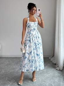 Elenzga Women Summer Vacation Dress, Blue Floral Pattern, Woven Square Neck Backless Sleeveless Fitted Waist Midi Dress - White - View 2