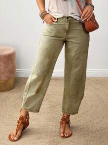 EMERY ROSE 女式口袋直筒宽松休闲百搭牛仔裤 - 軍綠色 - 查看 4