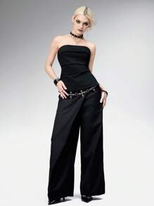 ROMWE Goth 复古海妖风格提花条纹露背吊带背心 - 黑色 - 查看 4