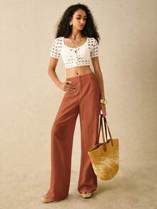 Poéselle Women's Casual Solid Color Zip Front Straight Leg Pants - Brown - View 2