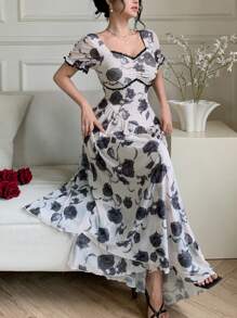 Modelyn Váy mùa hè họa tiết hoa lưới ren tương phản viền xếp nếp viền bất đối xứng cho nữ - Màu be - Xem 4