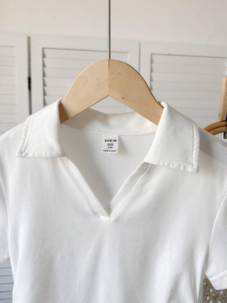 SHEIN Camiseta ajustada de manga corta y cropped con cuello en V y pliegue lateral en color liso para niñas preadolescentes - Blanco - Añade 4