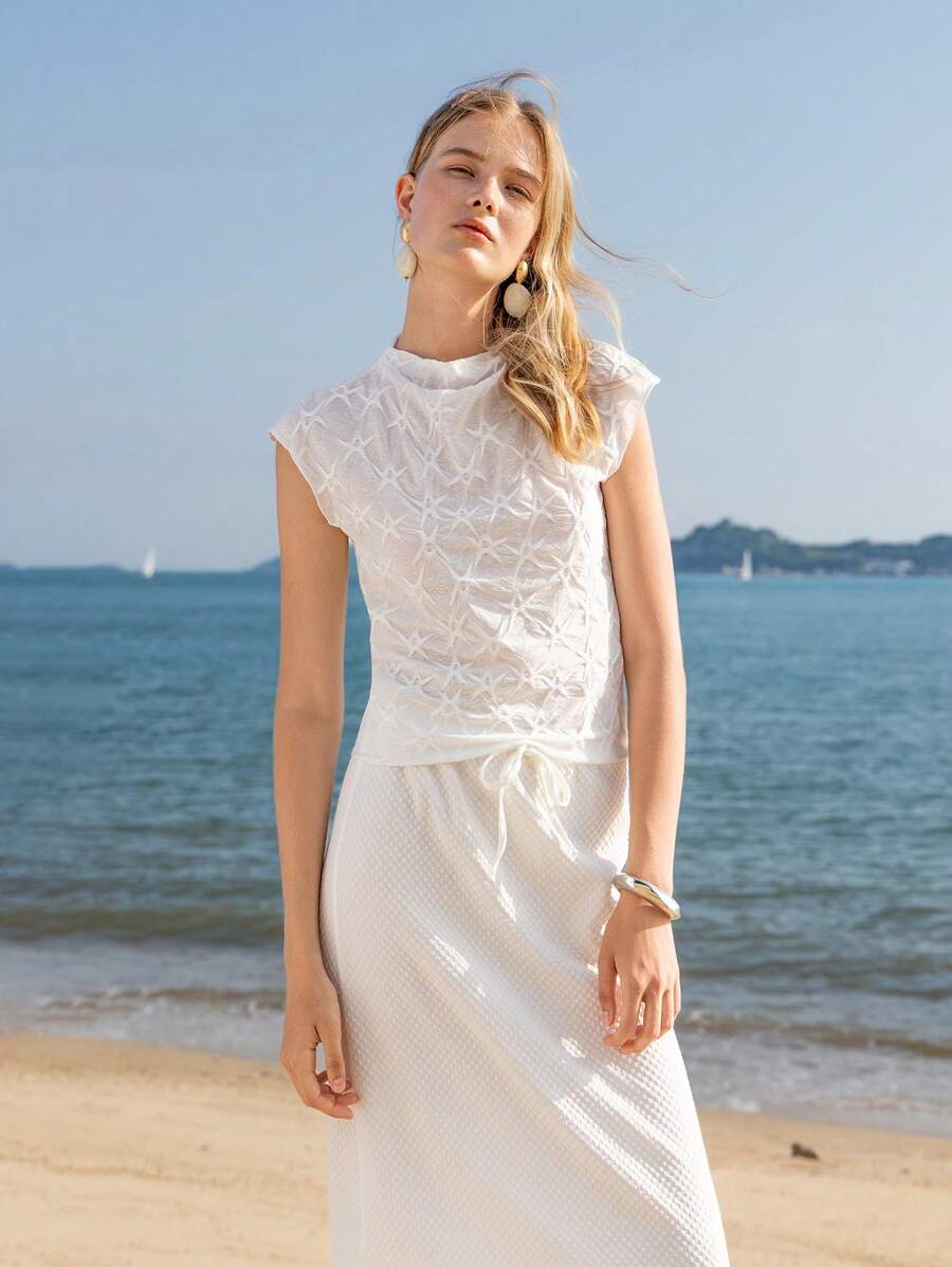 Lumivelle 女士休闲纹理针织修身立领T恤 - 白色 - 查看 1