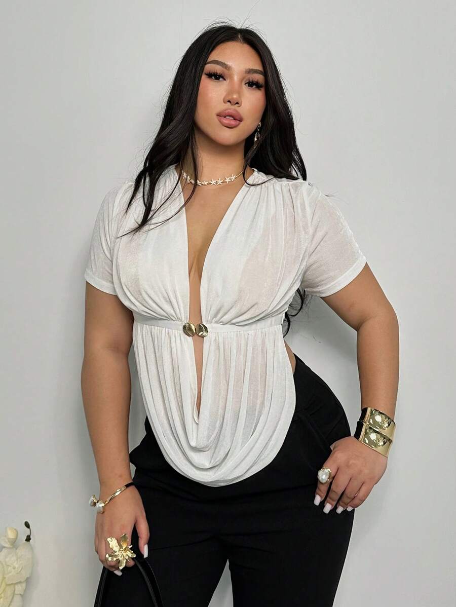 Firerie 大码女式休闲优雅垂褶深V领金属扣装饰开衩下摆无袖弹力上衣，适合春夏穿着，性感夜店风，外出上衣