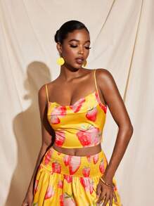 Becci Summer Fruit Printed Satin Spaghetti Straps Cowl Neck Draped Crop Cami Top Women Summer Vacation Top Summer Vacation Women Tropical Strawberry Print Top