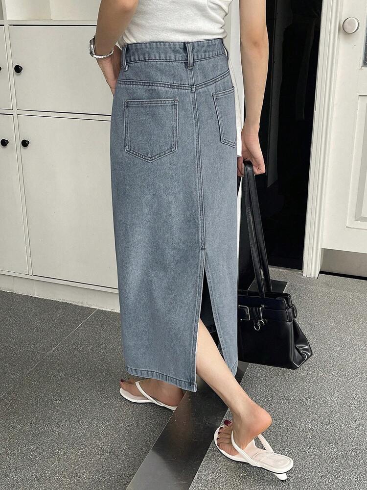 Women's Casual Washed Plain Slit Denim A-Line Skirt Jeans Skirt