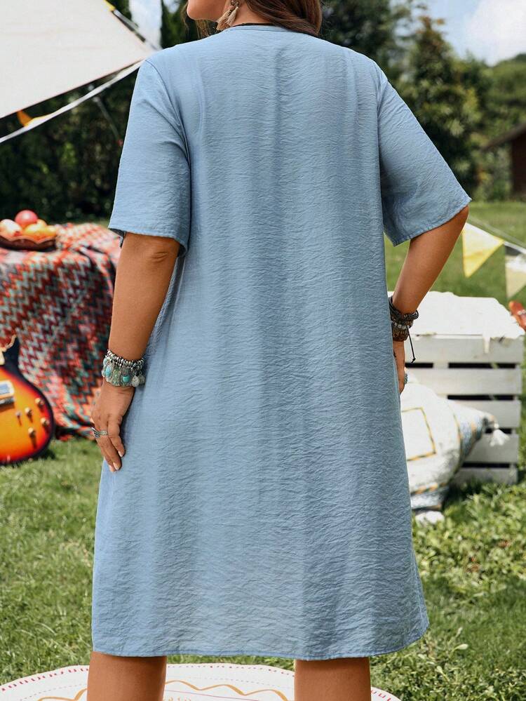 Vestido de manga corta de unicolor y talla grande, de estilo simple y de moda, adecuado para el verano, look casual, moda de verano, atuendos de mujer para conciertos country, atuendos de mujer vaqueros, ropa de verano para mujer de talla grande, ropa de negocios casuales de verano para mujer, ropa formal de mujer de talla grande