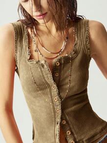 Bohemela 大码纯色针织修身吊带背心和背心 - 棕色 - 查看 1