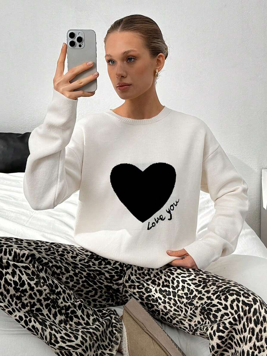 EURMUSE Women Heart Pattern Round Neck Drop Shoulder Pullover,Jumper,Cream Jumper,Jumpers,Black Jumper,Womens Jumper,White Jumper,Women's Jumper,Women's Jumpers,Winter Clothes - Beige - View 1