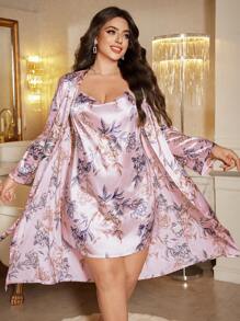 MuseNap CURVE Conjunto de vestido de tirantes y bata de seda sintética con estampado floral para tallas grandes, ropa de otoño e invierno - Rosa - Ver 4