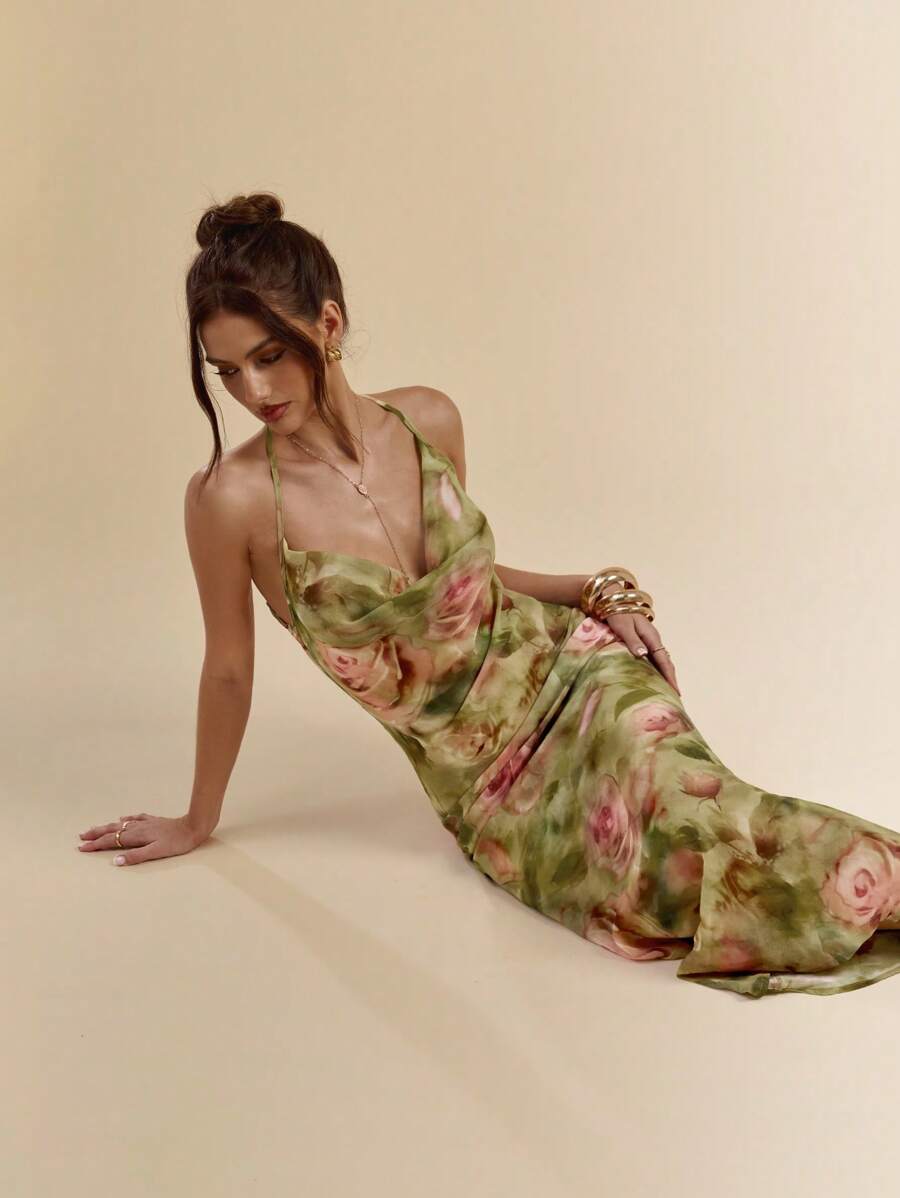 SHEIN BAE 扎染花卉印花垂坠领露背修身长裙，性感优雅度假连衣裙，适合海滩度假，春夏季 - 綠色 - 查看 1