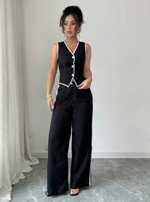 Selianne 女式夏季撞色无袖西装外套和阔腿裤套装