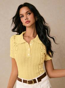 Poéselle Women's Simple Solid Color Button Short Sleeve Knit Sweater Top, Commute Friendly