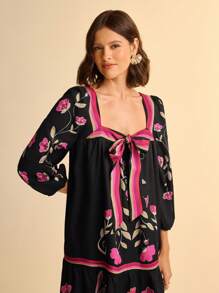 CAJUNI Vestido de vacaciones holgado con cuello cuadrado, mangas abultadas, fruncido, estilo tropical floral y degradado con lazo delantero, de estilo bohemio para campo y resort con tirantes finos - Multicolor - Ver 5