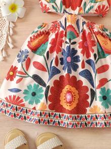 SHEIN Vestido sin mangas con abertura en la cintura y estampado floral para niña en vacaciones de verano