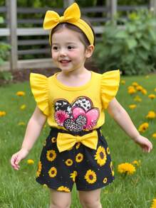 SHEIN Playful Pals 2pcs Baby Girl Spring/Summer New Cute Heart & Sunflower Print Flutter Sleeve Top And Bow Shorts Set - Yellow - View 1