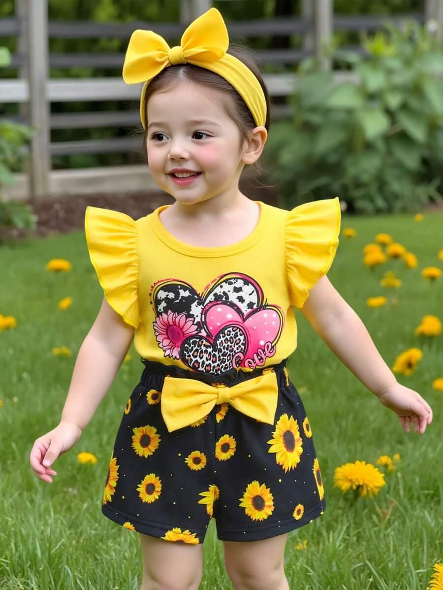 SHEIN Playful Pals 2pcs Baby Girl Spring/Summer New Cute Heart & Sunflower Print Flutter Sleeve Top And Bow Shorts Set - Yellow - View 1