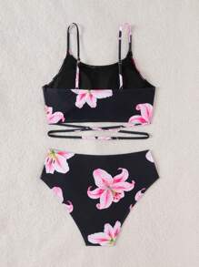 两件套少女泳衣套装。系带上衣，梦幻甜心图案，柔和色彩。粉色和蓝色渐变，迷人可爱。 - 黑色 - 查看 2