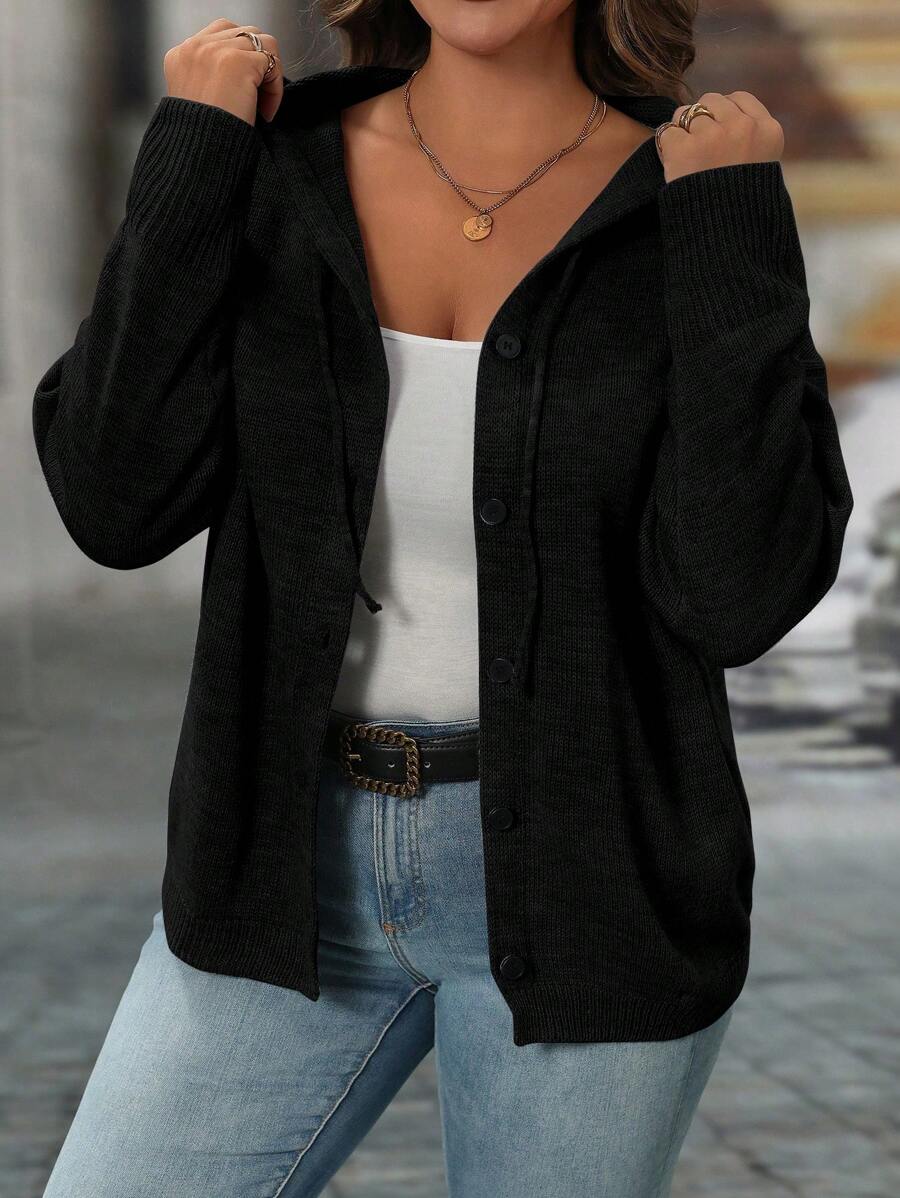 Auvina Áo khoác cardigan cài nút màu đen cỡ lớn thường ngày dành cho nữ thu đông, dành cho nữ - màu đen - Xem 1