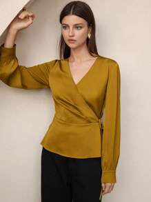 BizChic Women's V-Neck Tie Waist Long Sleeve Satin Blouse, Urban Commute Office Business Casual Elegant Lady Formal Shirt Top