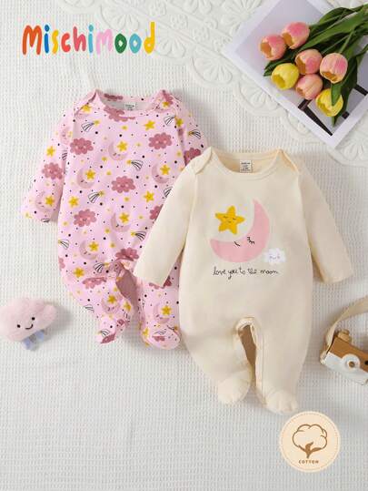 SHEIN Bộ đồ ngủ liền thân dài tay in hình ngôi sao, mặt trăng và hoa dễ thương cho bé gái 2 món