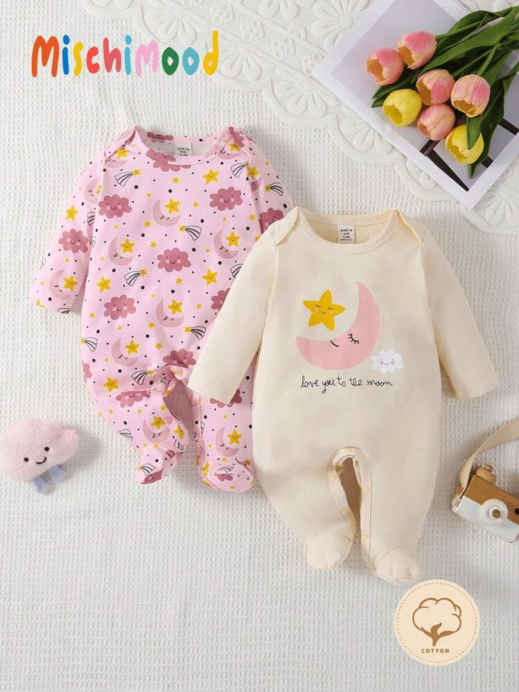 SHEIN Bộ đồ ngủ liền thân dài tay in hình ngôi sao, mặt trăng và hoa dễ thương cho bé gái 2 món - Màu be - Xem 1