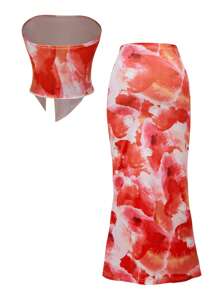 Lunivi 2pcs/Set Floral Print Irregular Hem Cropped Tank Top And Skirt Set, Casual Fashion Beachwear Suitable For Teenage Girls And Beach Parties
