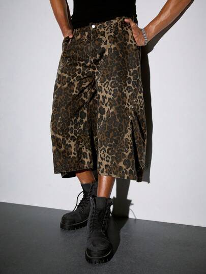 Street Life Men's Leopard Print Relaxed Fit Pleated Detail Jeans, Suitable For Casual Wear