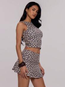 MUSERA Dainty Polka Dot Jersey Round Neck Sleeveless Summer Fun Girly Crop Top & Mini Skirt Winter Evening Spring - Multicolor - View 3