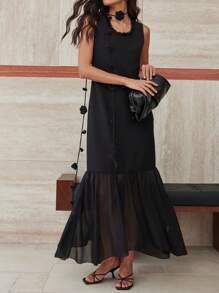 Dazy-Less Falda de tul con dobladillo de cola de sirena para mujer, elegante conjunto de vestido de dos piezas con cinturón de borlas y lazo floral para uso casual, de negocios o de vacaciones