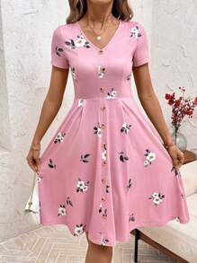 SHEIN Clasi V-Neck Button Red Polka Dot Waist Cinched Women Dress,Spring Clothes,Valentine's Day Dress,Dresses For Women Summer - Pink - View 6