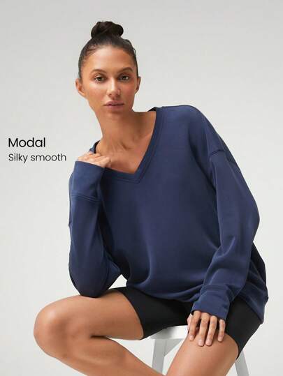 GLOWMODE Modal Silky Smooth Oversized V-Neck Hip Length Long Sleeve Sweatshirt With Thumbholes Daily Casual Fall
