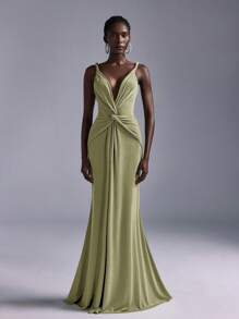 Elitara Elegante e romantico abito da damigella d'onore aderente a sirena, con scollo a V profondo, senza maniche, decorato con fibbia metallica annodata
