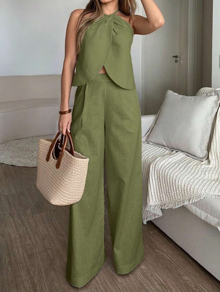 女式纯色交叉裹身无袖上衣和宽腿宽松裤两件套，夏季 - 軍綠色 - 查看 1