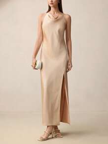 BizChic Rochie de vară elegantă și versatilă pentru femei 2025, fără mâneci, potrivită pentru afaceri, casual, vacanță la plajă, invitată la nuntă, festival de muzică country, brunch, ținută de aeroport - stil Stockholm, independență americană, rochie lungă din satin - Șampanie - Vizualizare 4