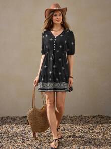 Wildy Women's Summer Casual Country Holiday Bohemian Print Drawstring Waist Midi Dress Vacation Outfits Woman Teacher Outfits For Women Western Wear Women Boho Country Vacation Dress Black Summer Dress Women Button Up Dress Black Embroidered Dress Western