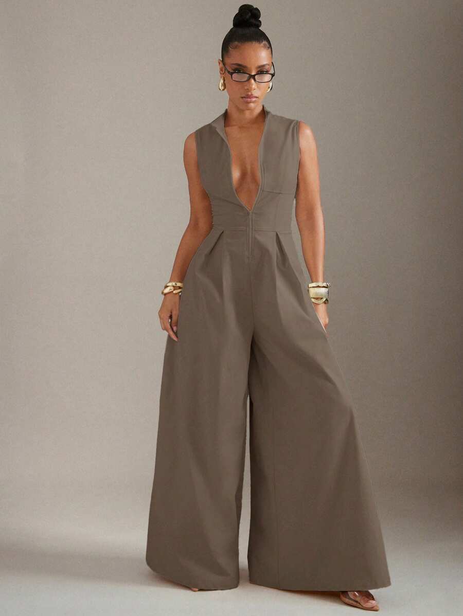 Hauture Extreme Wide Leg Zip Front Sleeveless Jumpsuit - Camel - View 1