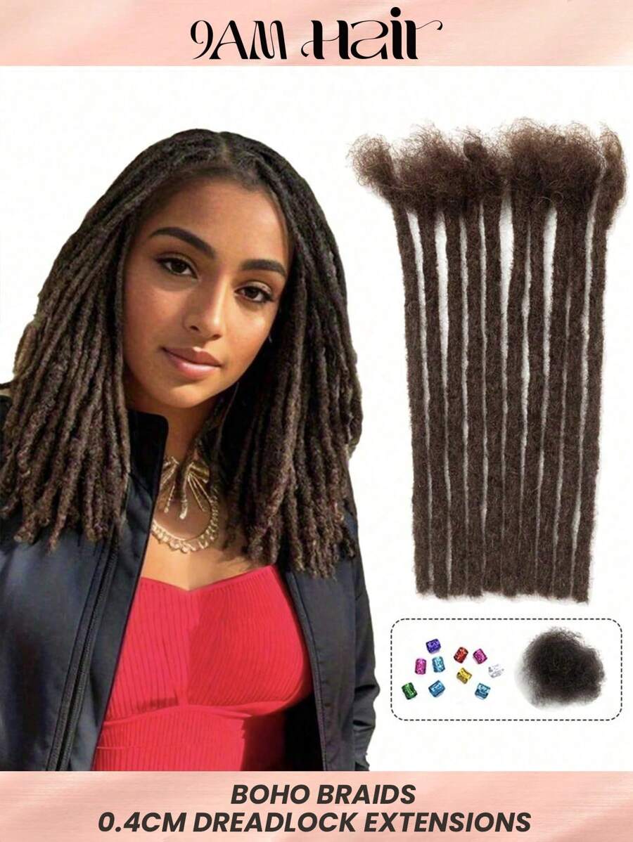 Boho Braids 10 Regular Locs Extensions Handmade With 100% Human Hair Dreadlock Extensions In Size 0.4cm, Length 4 To 12Inches For Men/Women(Brown) Crochet Human Hair Knotless Braids - S2 - View 1