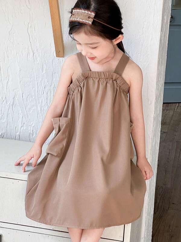 Zikori Zikori Zikori Young Girls' Casual Khaki Color Suspender Skirt Stylish Khaki Flared Hem Dress For Toddler Girls Sleeveless And Pocket Detail