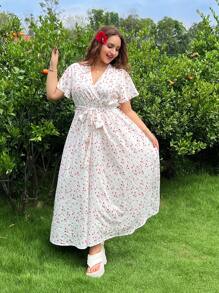 SHEIN EZwear Váy nghỉ lễ thường ngày họa tiết hoa màu trắng cỡ lớn - trắng - Xem 5