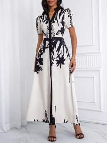 SHEIN Unity All Over Print, Contrast Collar & Placket, Front Buttons, Puff Sleeves, Stand Collar V-Neck, Elegant Casual Ladies Dress - Multicolor - View 1