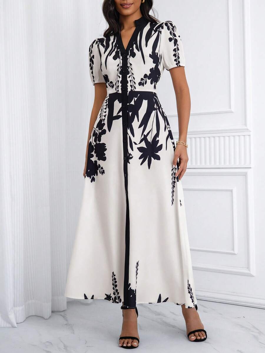 SHEIN Unity All Over Print, Contrast Collar & Placket, Front Buttons, Puff Sleeves, Stand Collar V-Neck, Elegant Casual Ladies Dress - Multicolor - View 1