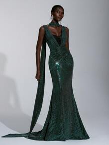 Elitara Abito elegante, romantico e meraviglioso da donna, con scollo a V profondo, collo alla halter, impreziosito da eleganti paillettes, maglia elastica lavorata a maglia, taglio slim a coda di pesce con plissettatura, adatto per cene, feste, compleanni, balli, matrimoni, eventi formali, lauree, festival musicali e altre occasioni serali.