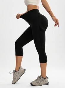 Easithlete 女士纯色弹力休闲夏季运动紧身裤瑜伽裤 - 黑色 - 查看 4