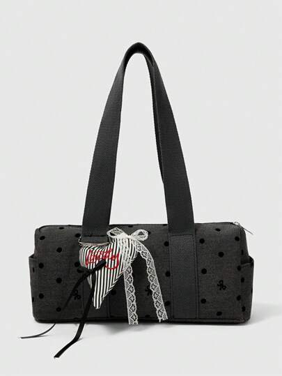 Kawaii Sweet & Elegant Vintage Polka Dot Women Shoulder Bag, Bow Ribbon Card Slot Tote Bag, Large Capacity Casual Sports Yoga Bowling Bag, Suitable For Daily Commute, Shopping, Short Trips